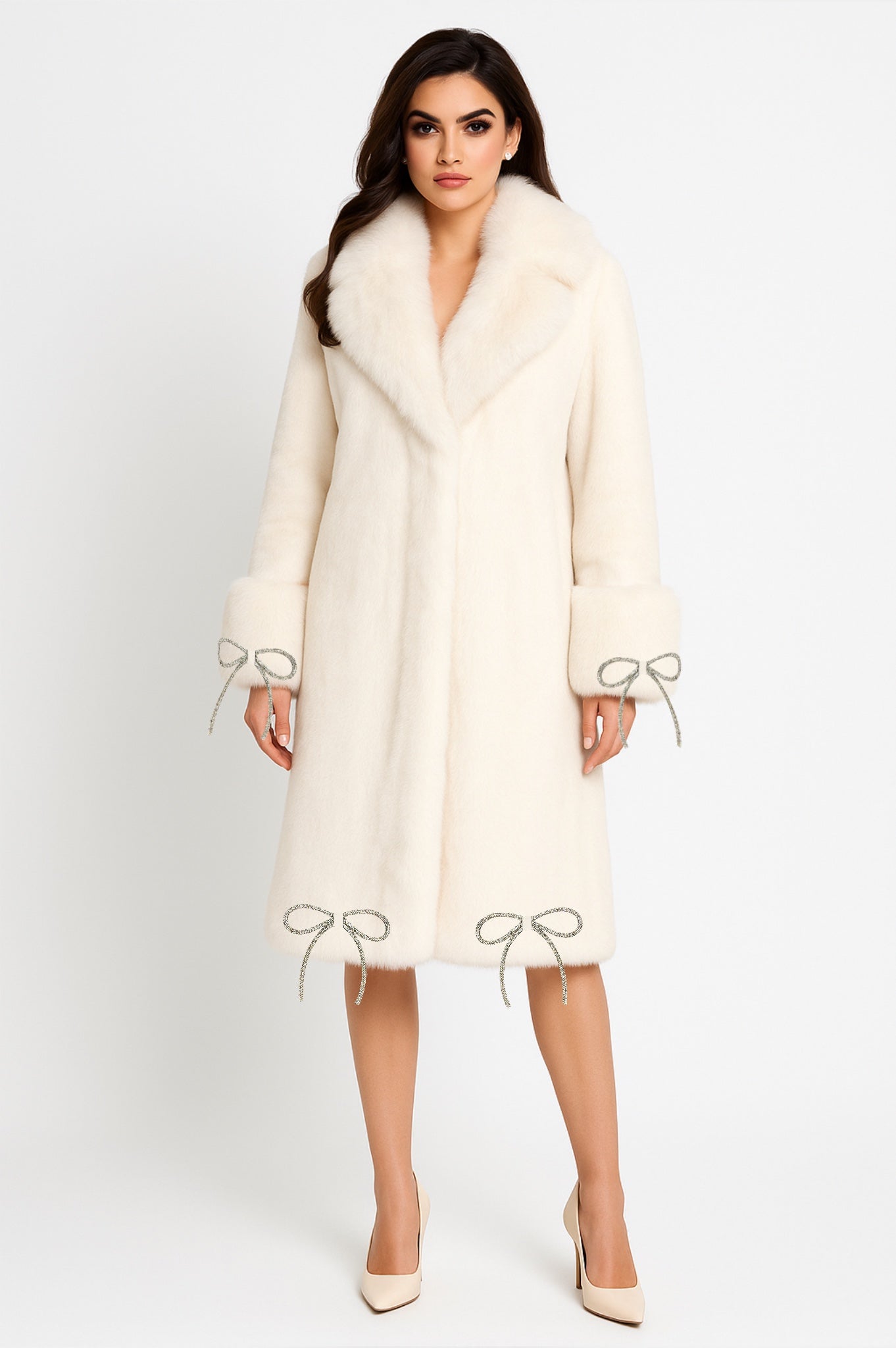 CERABELLE FUR COAT | White Long Faux Fur Winter Coat with Crystal