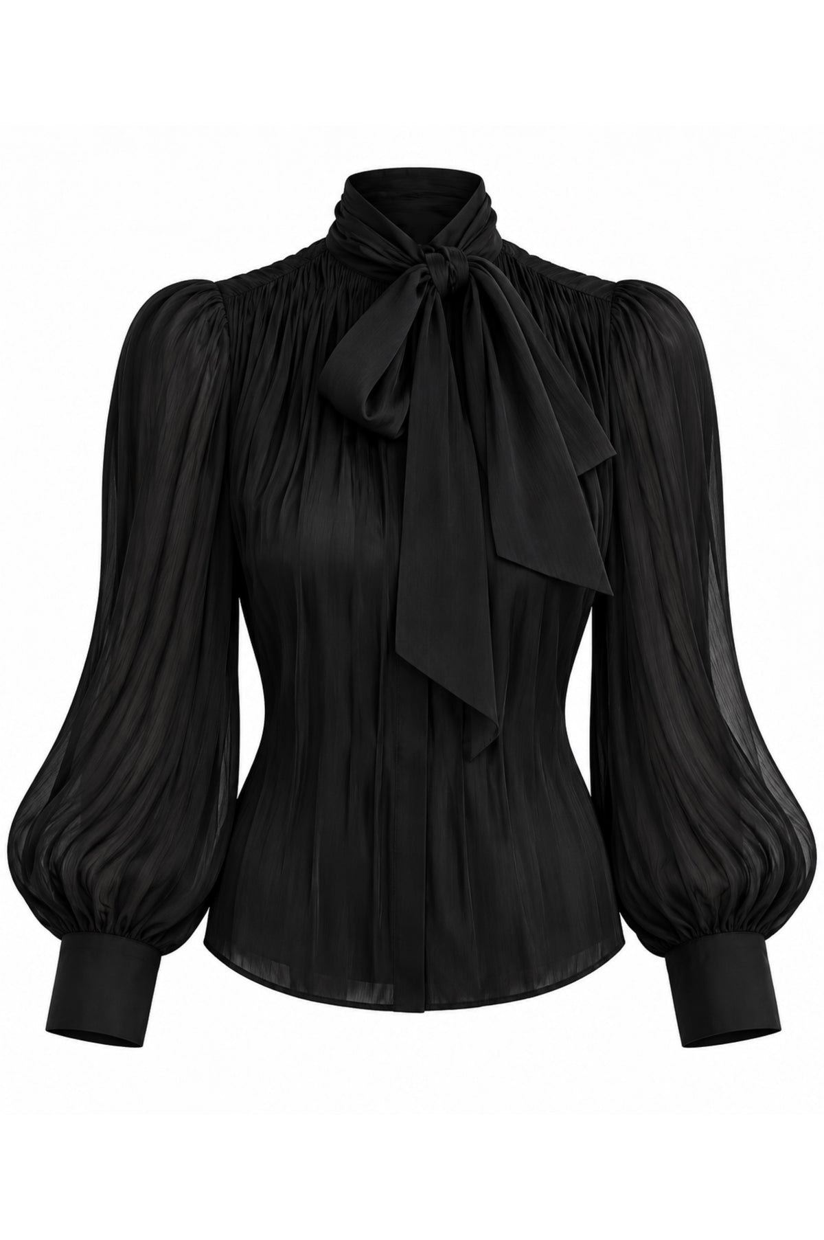 BLACK PLEATED SILK-EFFECT BLOUSE