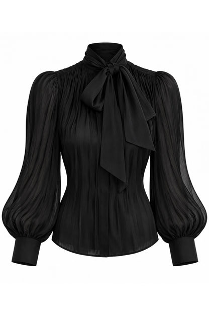 BLACK PLEATED SILK-EFFECT BLOUSE